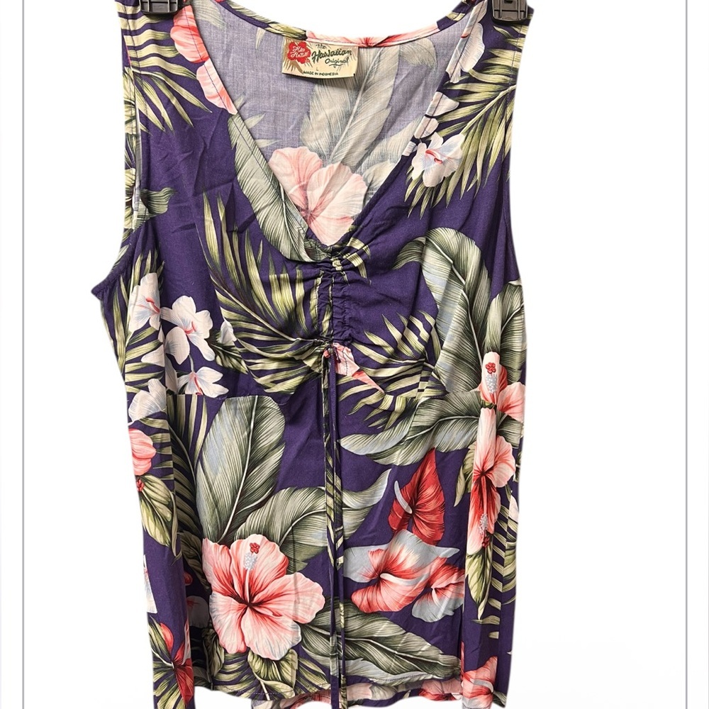 Hilo Hattie Purple Tropical Floral Sleeveless Tank Top size Medium Rayon